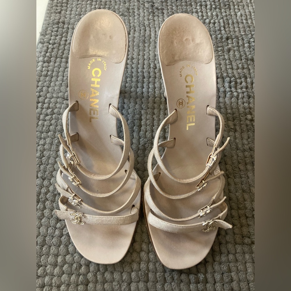 Chanel rhinestone strappy high heel sandals with sparkly Chanel logo size 29